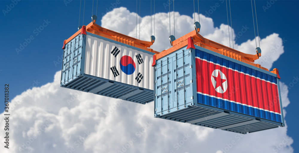 Freight containers with North Korea and South Korea flag. 3D Rendering 