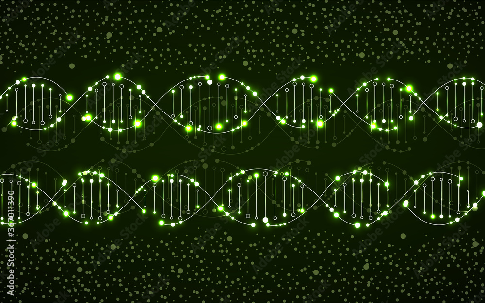 Abstract neon spiral of DNA, glowing molecular background and science concept
