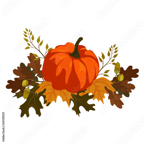 Vector stock illustration of an autumn pumpkin. Cute harvest sticker. Calendar month of November. Red-yellow foliage, acorn fruit, oak and maple leaves. The feast of harvest. Halloween sticker.