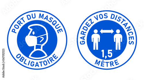Set of Round Sticker Signs against Coronavirus in French "Port Du Masque Obligatoire" (Face Masks Required) and "Gardez Vos Distances 1,5 Metre" (Keep Your Distance 1,5 Meters). Vector Image.