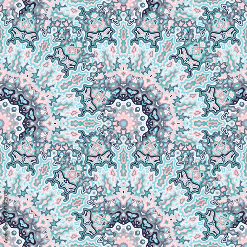 Chakra geometric seamless ornament. Arabic ethnic vector graphic design. Tangle arabesque medallion floral seamless pattern. Scarf fashion print.