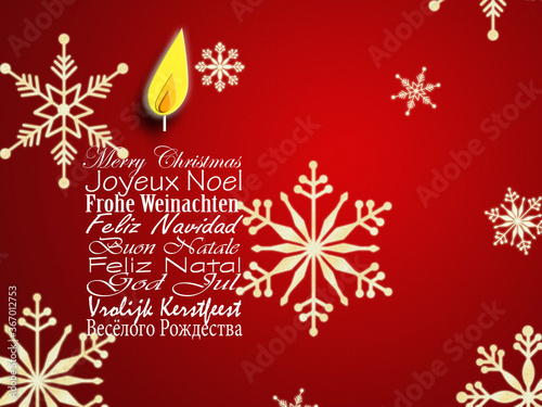 Merry Christmas business card. Christmas wishes in European languages English, French, German, Portuguese, Italian, Spanish, Swedish, Dutch, Russian shape of candle on red background. 3D illustration