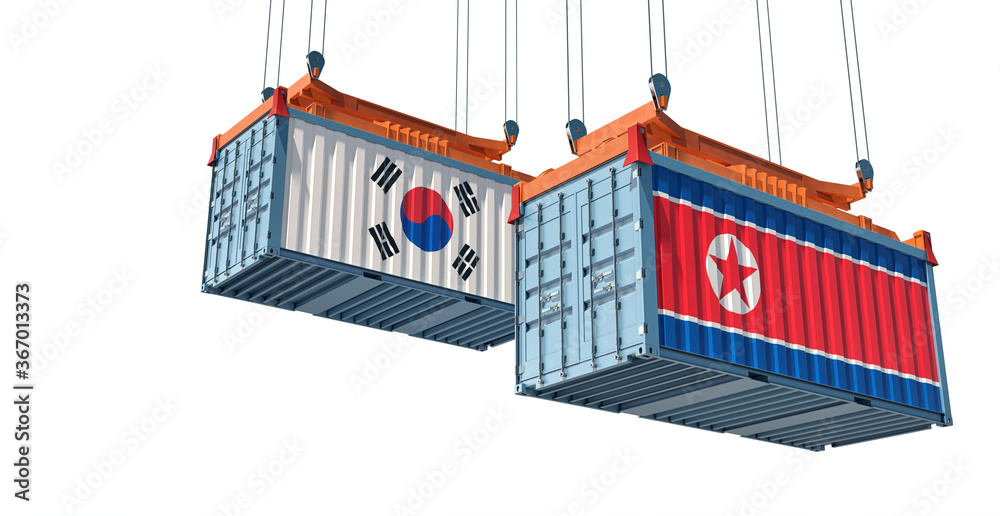 Freight containers with North Korea and South Korea flag. 3D Rendering Freight containers with North Korea and South Korea flag. 3D Rendering