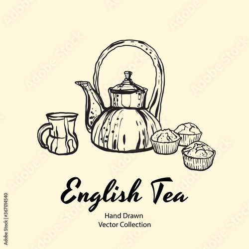 Teapot, cup and muffins black line hand drawn vector illustration in old style for cafe menu, logo, banner, flayer, coffee shop, sticker, flyer. Black and white tea or coffee time illustration