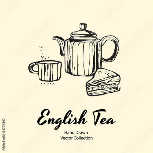 Teapot, cup and pie filling black line hand drawn vector illustration in old style for cafe menu, logo, banner, flayer, coffee shop, sticker, flyer. Black and white tea or coffee time illustration