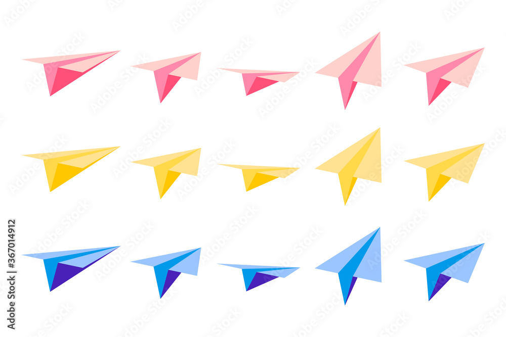 Set of vector cartoon illustrations with origami paper planes with views from different sides on white background. Set of vector cartoon illustrations with origami paper planes with views from different sides on white background.