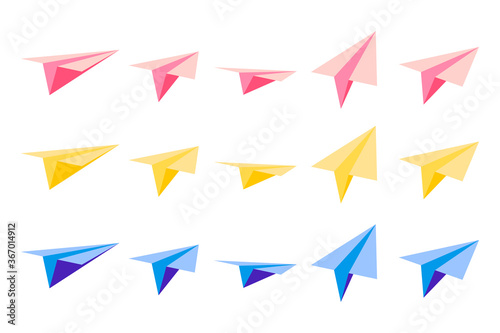 Set of vector cartoon illustrations with origami paper planes with views from different sides on white background.
