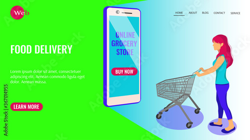Website design for online grocery store. Girl with a grocery trolley entering the phone for groceries. Grocery store, supermarket, food delivery, online shopping concept. Vector illustration. 