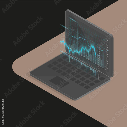 Isometric Business futuristic financial trading chart. Isometry Concept digital stock Market Trading diagram. Uptrend line graph chart stock numbers market arrow
