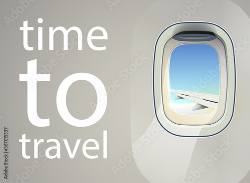 Business jet infographic airplane porthole. Airplane illuminator concept. Space aircraft info graph. Banner aircraft windows frame