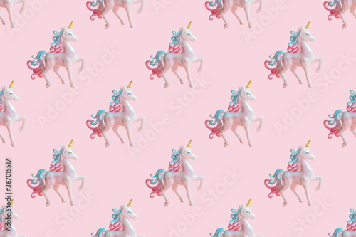 Samless pattern of beautiful pearl unicorn on soft pink background. Invitation, birthday, bachelorette party, baby shower concept. Girl birthday, magic surreal and minimal style.