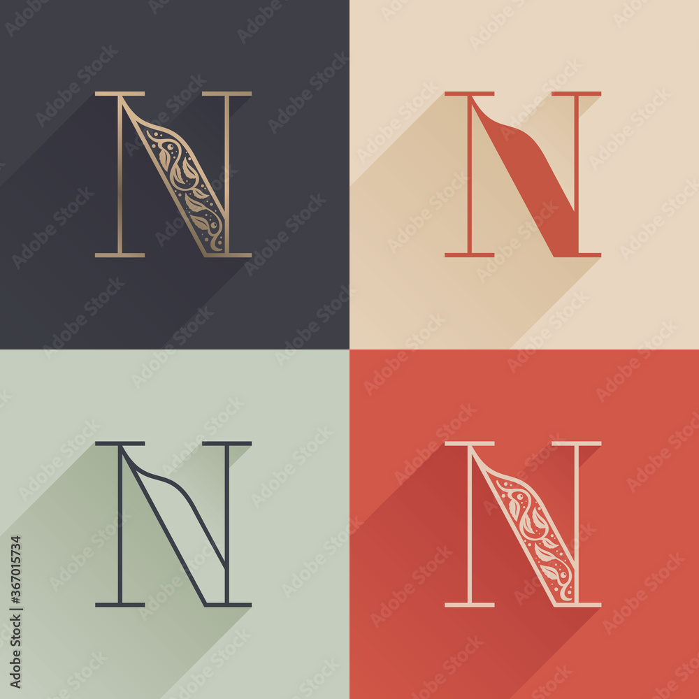 Classic N letter logo with premium decoration. Four style serif font set. Classic N letter logo with premium decoration. Four style serif font set.