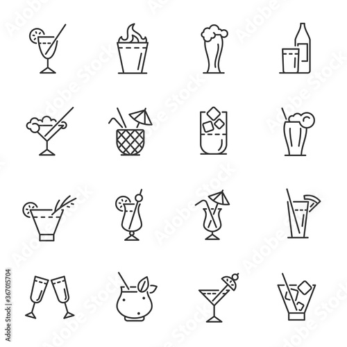 Cocktails, icon set. Alcoholic and non-alcoholic mixed drink with various ingredients, linear icons. Line with editable stroke