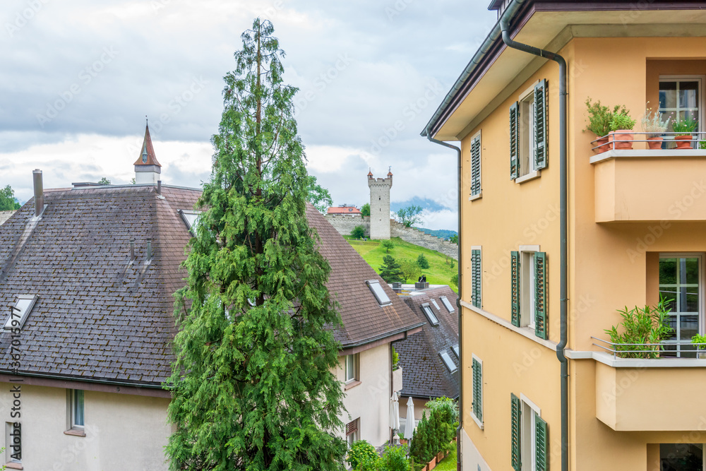 A perfect neighbourhood. Houses in suburb at Summer in Lucerne, Switzerland. Luxury houses with nice landscape.