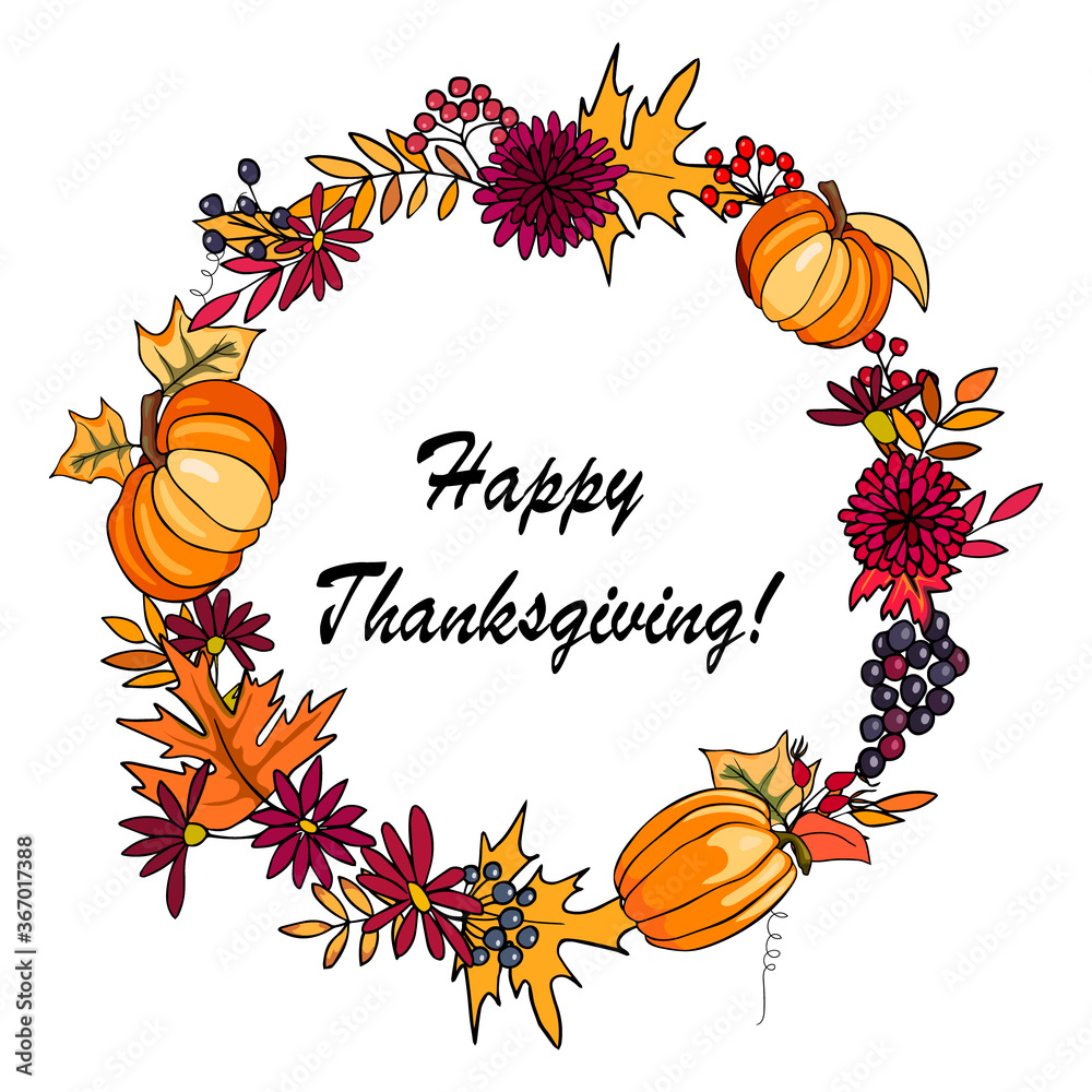 Fototapeta Happy Thanksgiving greeting card with orange pumpkins and autumn leaves, flowers. Design perfect for prints,flyers, banners, invitations and more. Vector illustration is drawn in the style of doodles