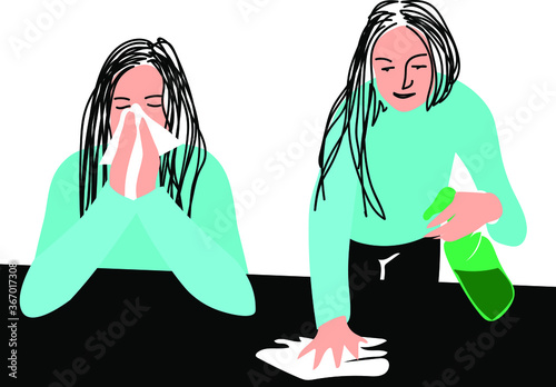 Woman sneezes into a handkerchief, then wipes and disinfects the table
