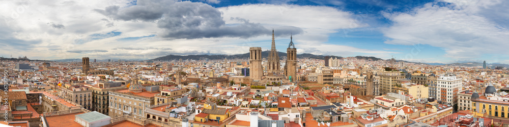 Barcelona - The panorama of the city with the old Cathedral in the centre.