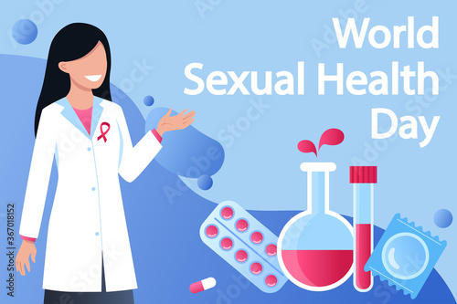 World sexual health day. Woman doctor, medicine and health care concept. Red ribbon, test tubes, pills. AIDS day, vector illustration.
