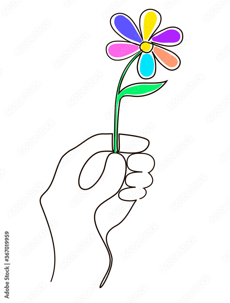 One line drawing of a hand holding a chamomile with multi-colored petals. Trendy continuous line concept for icon. Drawing isolated on a white background. One line stock vector illustration.