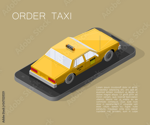 Yellow isometric taxi cab banner. Online mobile application order taxi service illustration. Flat car isometric quality banner. 3D taxi vehicle smartphone. Get a taxi online phone isometry application