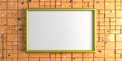 Metal frame with an isolated space on a colored wall with a geometric pattern. 3D-visualization