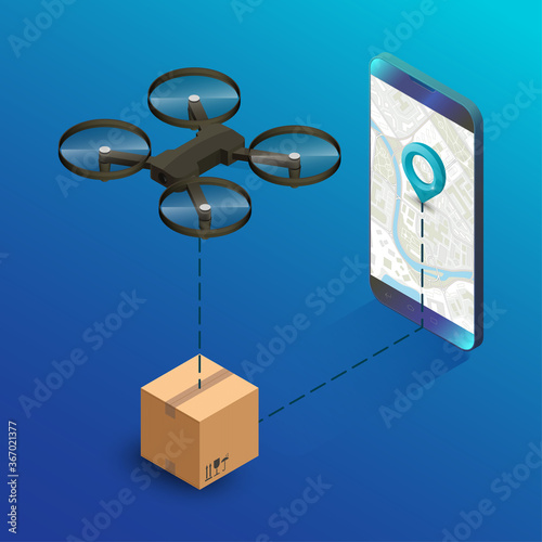 Drone delivery box near screen tablet. Quadcopter carrying package cargo to customer. Autonomous or wireless remoted flying drone. 3d isometric