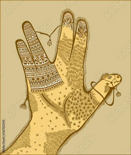 Illustration of hand with stylized camel inside