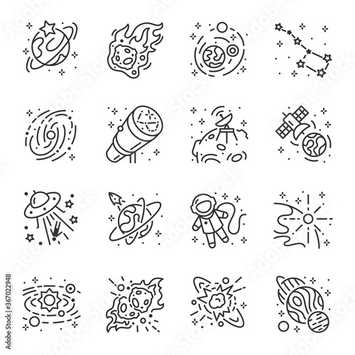 Space, icon set. Astronomical objects, linear icons. Line with editable stroke © Matsabe