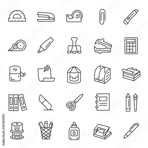 Stationery, icon set. Various office supplies for paper supplies and documents, linear icons. Line with editable stroke