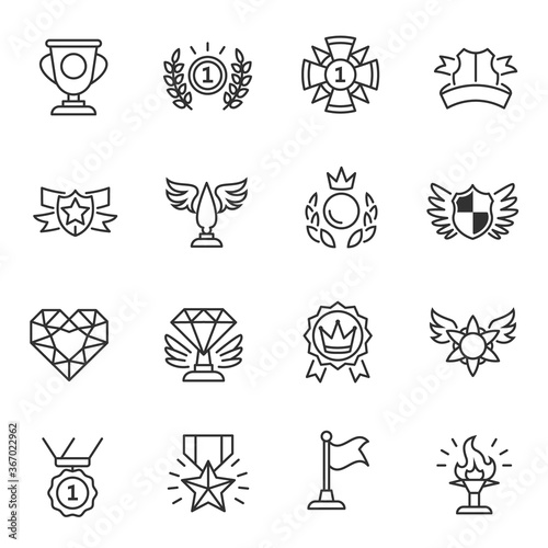 Awards, icon set. medals, figurines, etc., linear icons. Line with editable stroke