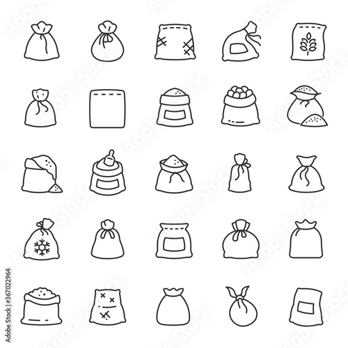 Bag, icon set. Bags with groats, sugar, flour, etc., various shapes, linear icons. Line with editable stroke photo