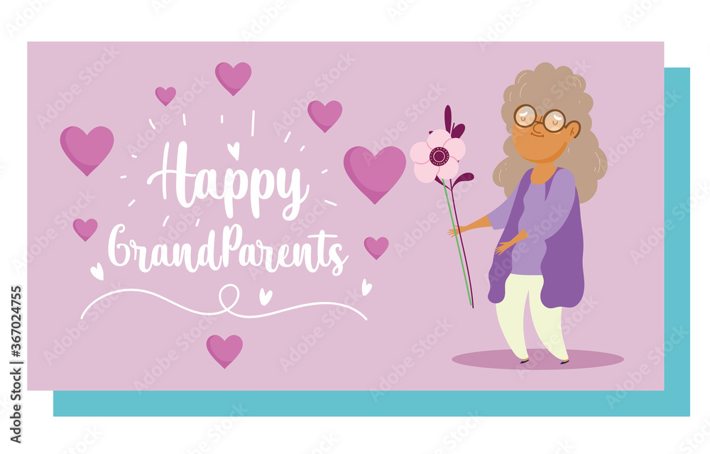 happy grandparents day, old woman grandmother with flowers cartoon card happy grandparents day, old woman grandmother with flowers cartoon card
