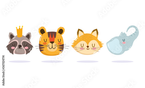 cute cartoon animal face adorable little raccoon with crown tiger fox elephant