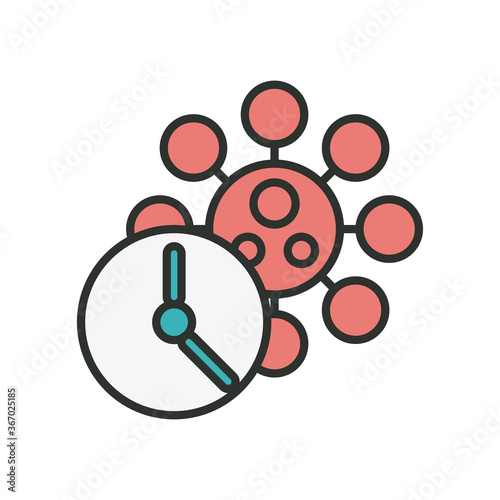 covid19 virus particle with time clock line and fill style
