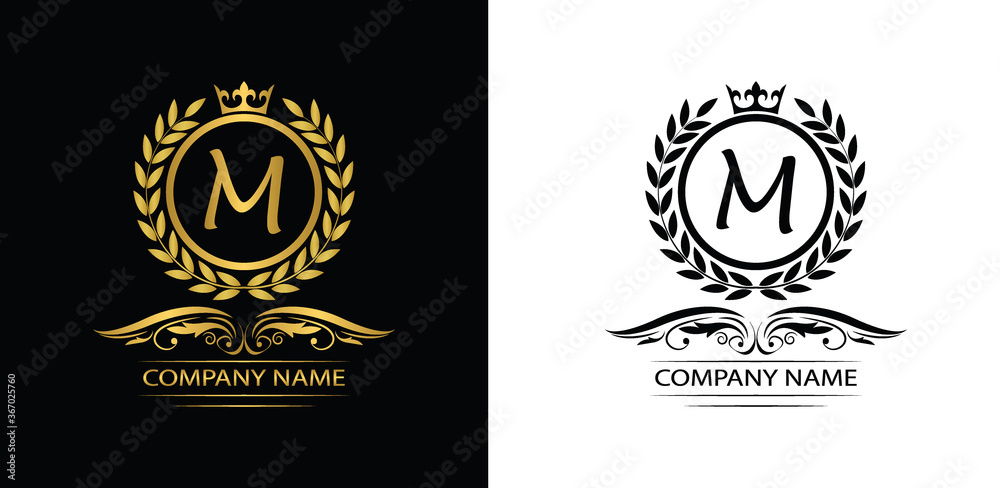 Golden Letter M laurel wreath template logo Luxury letter with crown. Monogram alphabet . Beautiful royal initials letter.
Golden Letter M laurel wreath template logo Luxury letter with crown. Monogram alphabet . Beautiful royal initials letter.