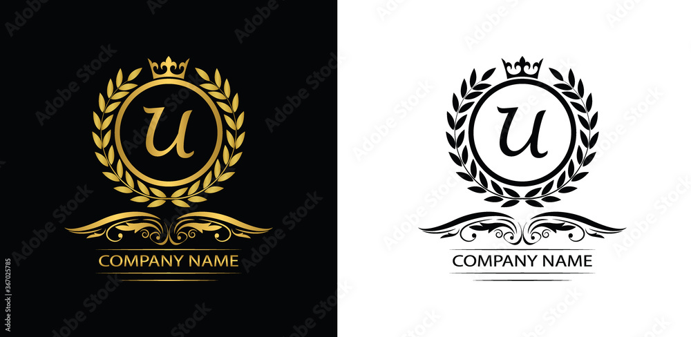 Golden Letter U laurel wreath template logo Luxury letter with crown. Monogram alphabet . Beautiful royal initials letter.	
