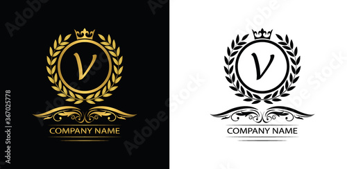 Golden Letter V laurel wreath template logo Luxury letter with crown. Monogram alphabet . Beautiful royal initials letter.	
