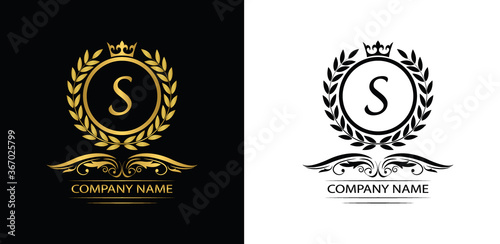 Golden Letter S laurel wreath template logo Luxury letter with crown. Monogram alphabet . Beautiful royal initials letter.	
