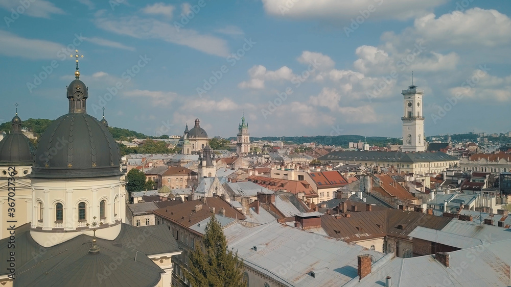 Aerial drone shot of european city Lviv, Ukraine. Rynok Square, Central Town Hall, Dominican Church