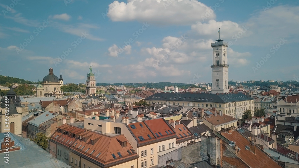 Aerial drone shot of european city Lviv, Ukraine. Rynok Square, Central Town Hall, Dominican Church