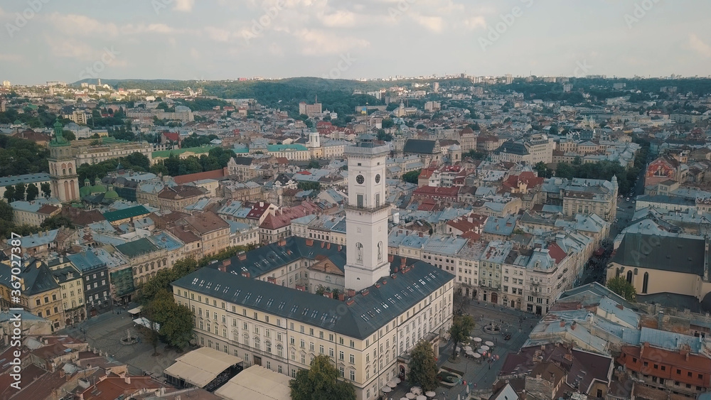 Aerial drone shot of european city Lviv, Ukraine. Flight above popular ancient part of old town