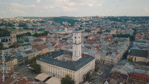 Aerial drone shot of european city Lviv, Ukraine. Flight above popular ancient part of old town