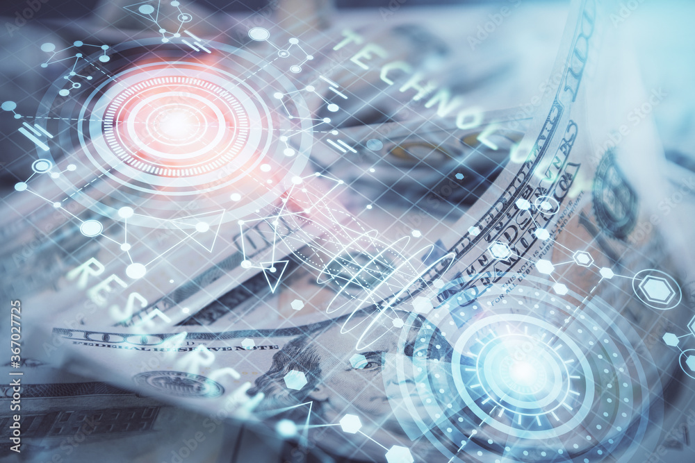 Double exposure of data theme drawing over us dollars bill background. Technology concept. Double exposure of data theme drawing over us dollars bill background. Technology concept.