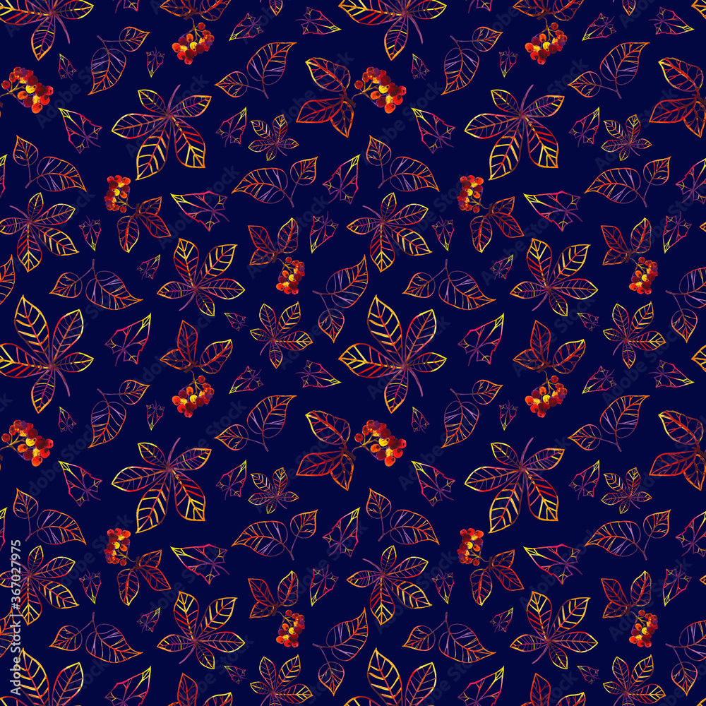 Seamless pattern with painted colorful leaves. Watercolor multi-colored yellow, red, orange, purple leaf contour. Botanical autumn background