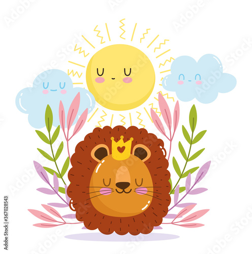 Fototapeta Naklejka Na Ścianę i Meble -  cute cartoon animal adorable wild character little lion with crown sun foliage