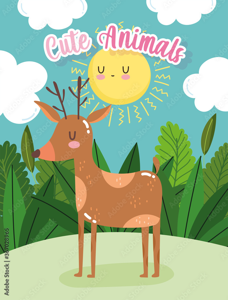Fototapeta premium cute deer animal sun sky grass forest nature wild cartoon