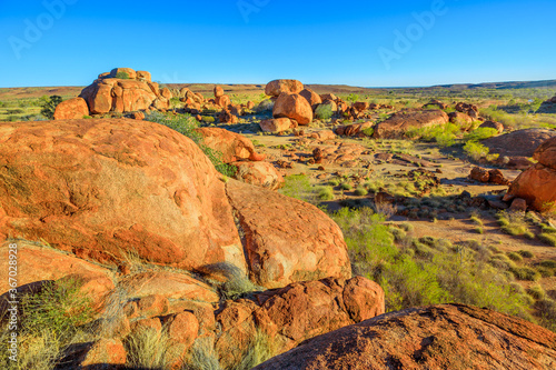 Panoramic aerial view of giant granite boulders at Karlu Karlu or Devils Marbles in Northern Territory, Australia near Tennant Creek photo