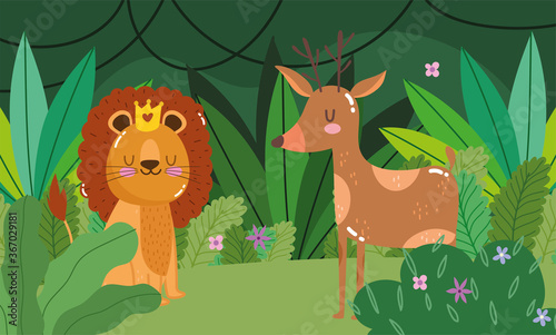 cute lion with and deer animal grass forest nature wild cartoon
