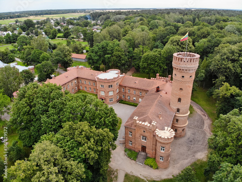 Aerial view of Raudone castle in Raudone town, Lithuania photo