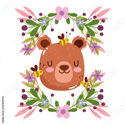 cute bear head and bees animal flowers foliage nature decoration cartoon